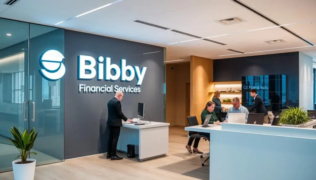 Biuro Bibby Financial Services z logiem firmy i pracownikami obsługującymi klientów faktoringowych Biuro Bibby Financial Services z logiem firmy i pracownikami obsługującymi klientów faktoringowych