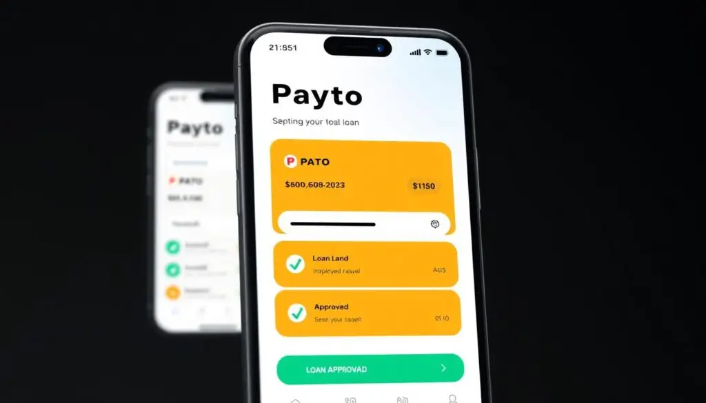 Interfejs aplikacji Payto na smartfonie pokazujący proces składania wniosku o pożyczkę Interfejs aplikacji Payto na smartfonie pokazujący proces składania wniosku o pożyczkę