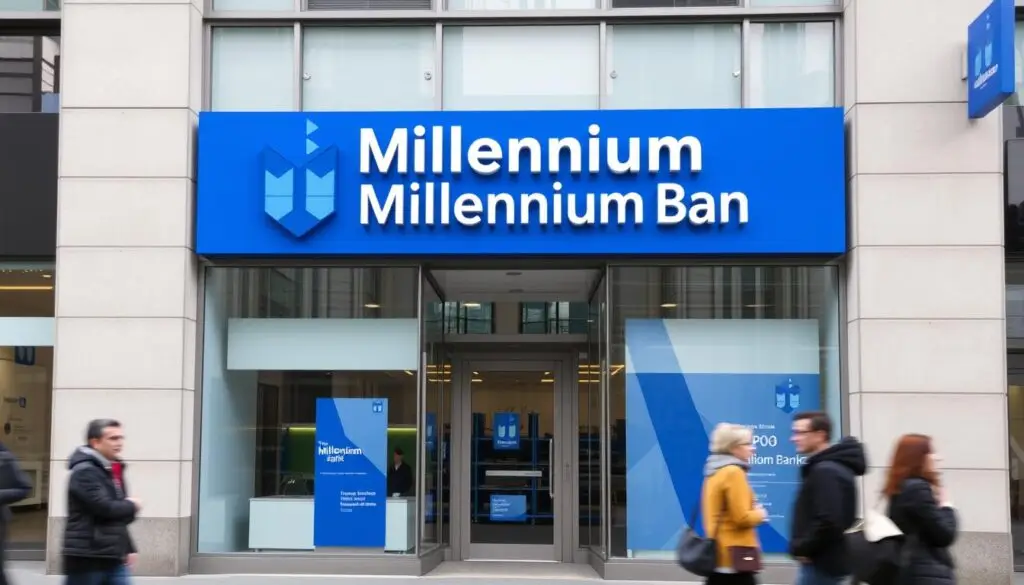 Oddział Banku Millennium z charakterystycznym logo i wejściem do placówki