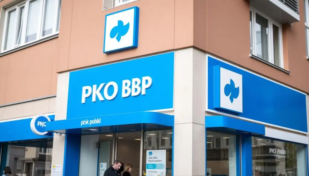 Oddział PKO Banku Polskiego z charakterystycznym logo i kolorystyką