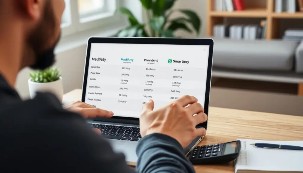 Osoba analizująca warunki różnych pożyczek na laptopie, porównując oferty MediRaty, Provident i Smartney Osoba analizująca warunki różnych pożyczek na laptopie, porównując oferty MediRaty, Provident i Smartney