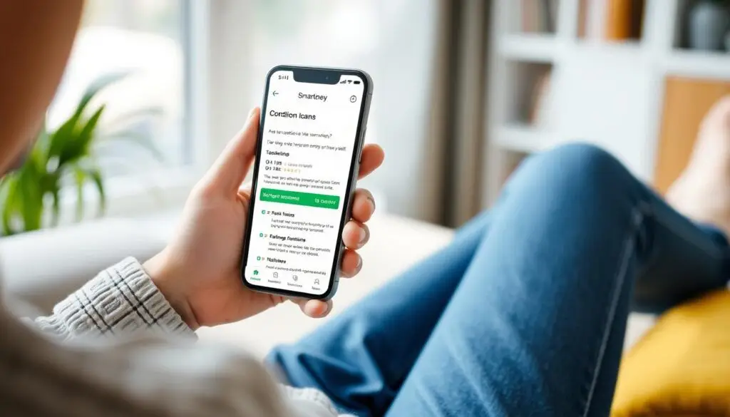 Osoba korzystająca z aplikacji Smartney na smartfonie, przeglądająca warunki pożyczki Osoba korzystająca z aplikacji Smartney na smartfonie, przeglądająca warunki pożyczki