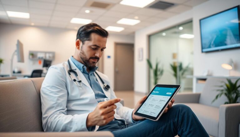 Osoba przeglądająca ofertę MediRaty na tablecie w poczekalni kliniki medycznej