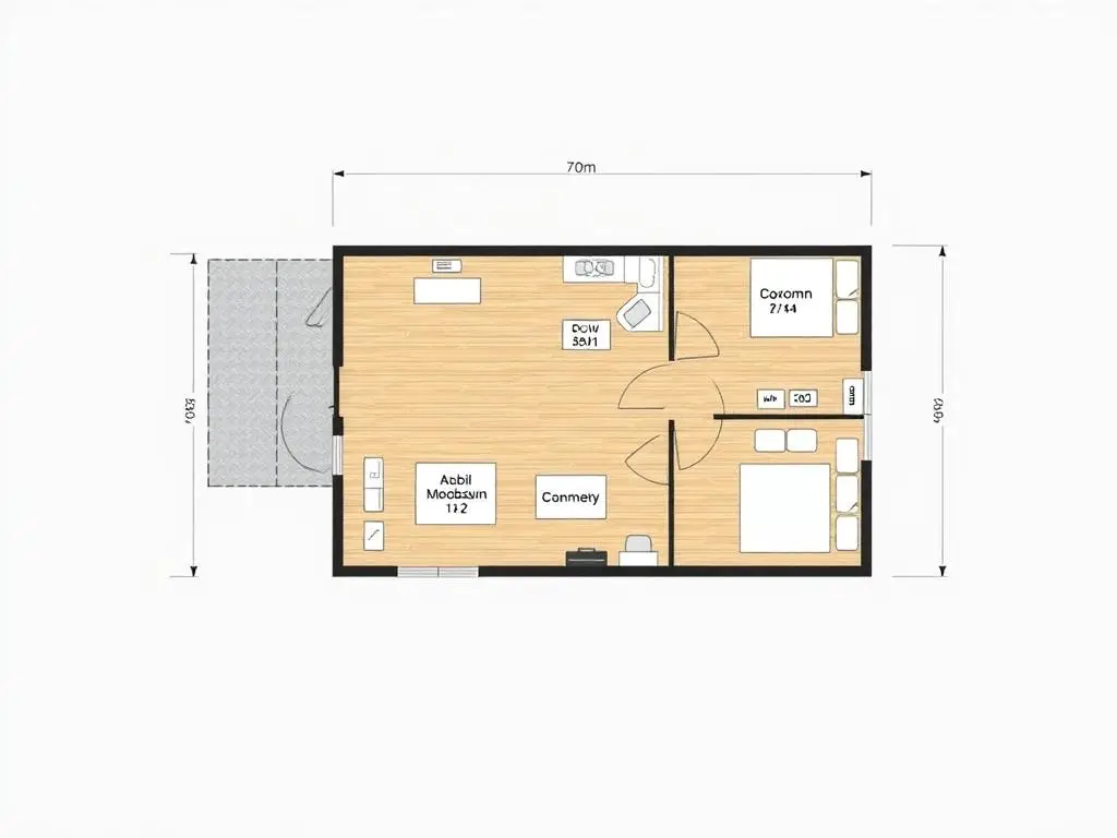 Rzut projektu domu Adaś 70m2 z zaznaczonymi pomieszczeniami